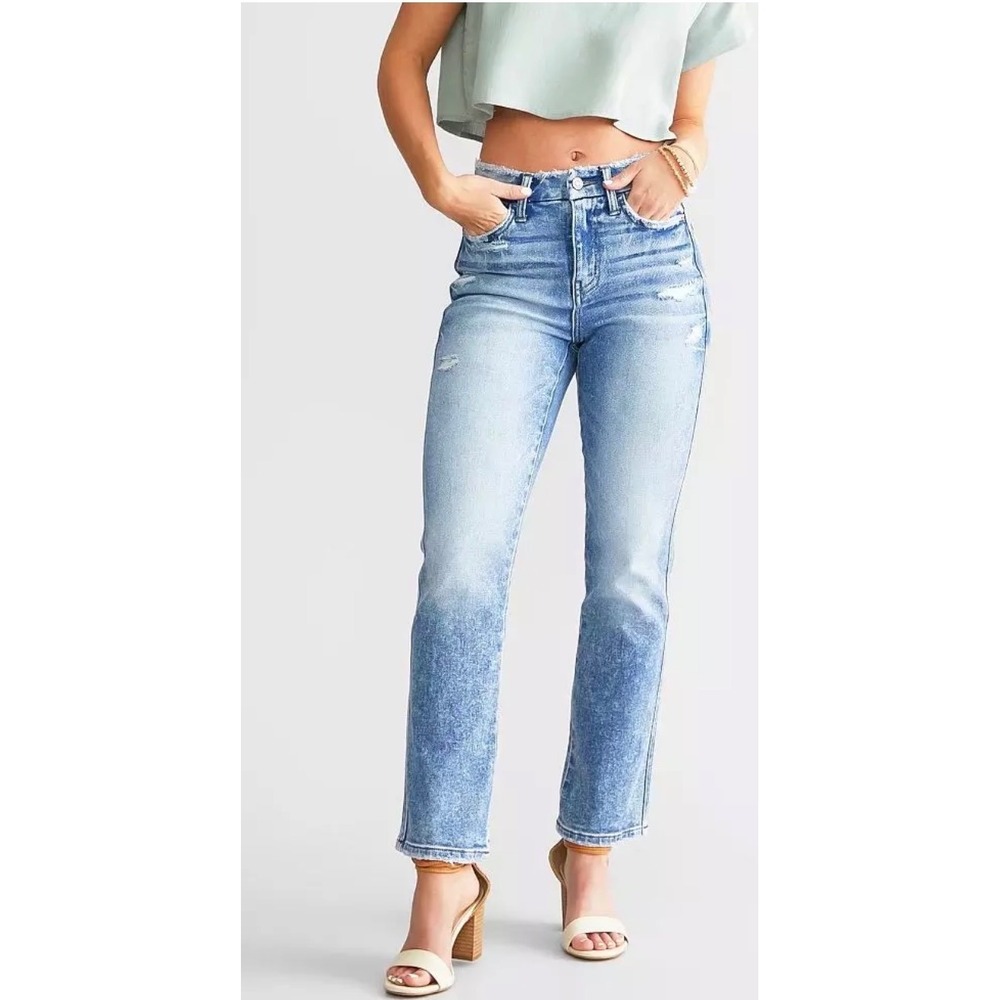 Flying Monkey High Rise Straight Leg Jeans Womens Distressed Crop Raw Hem Sz 31